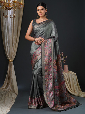 ANOUK Printed Hand Batik Silk Blend Saree(Grey)
