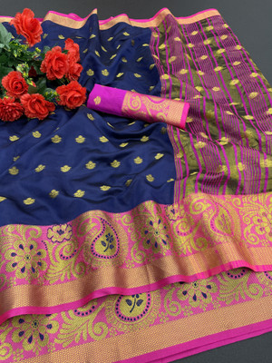 Rupatika Woven Banarasi Pure Silk, Cotton Silk Saree(Dark Blue, Pink)