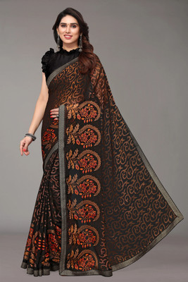 Madhur milan Printed Bollywood Brasso Saree(Black, Orange)