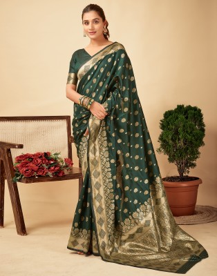 Samah Dyed, Woven, Embellished Banarasi Silk Blend Saree(Dark Green, Gold)