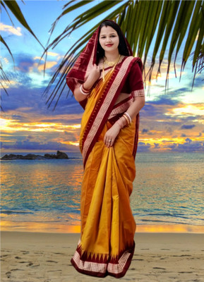 Afronza Temple Border, Solid/Plain, Dyed Sambalpuri Art Silk, Pure Silk Saree(Mustard, Red)