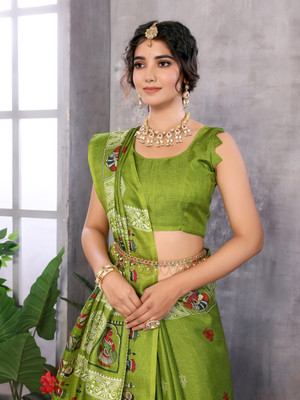 YASHIKA Printed Kalamkari Art Silk Saree(Green)