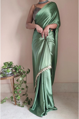 BRAHMSHAKTI Solid/Plain Bollywood Satin, Silk Blend Saree(Light Green)