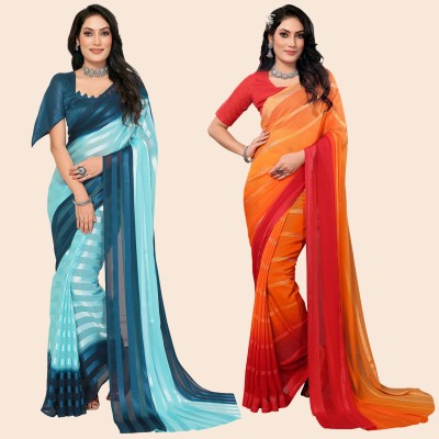 kashvi sarees Striped Bollywood Satin Saree(Pack of 2, Light Blue, Orange)