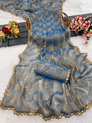 ShopGlobal Printed Bollywood Chiffon, Lace Saree(Blue)