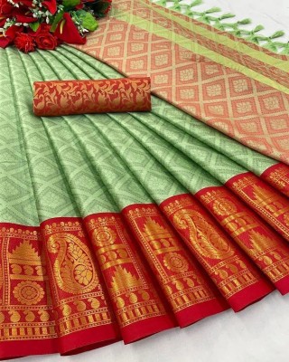 SHWENILA Woven Kanjivaram Cotton Silk Saree(Light Green, Red)