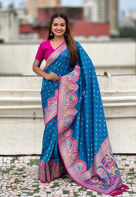 all about you Embroidered Baluchari Silk Blend Saree(Light Blue)