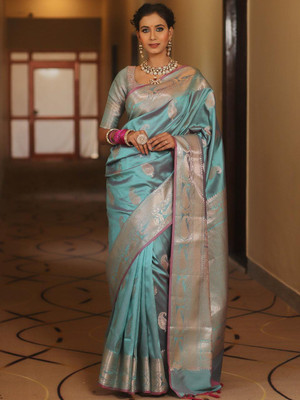 krishna international Printed Banarasi Art Silk Saree(Light Blue)