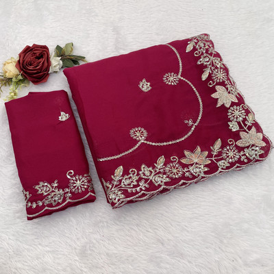 Ethina Fashion Embroidered Bollywood Chiffon Saree(Red)