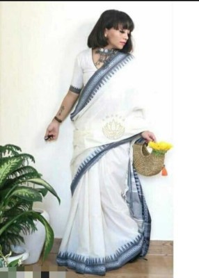 FASHION MOODS Woven Handloom Cotton Blend Saree(White)