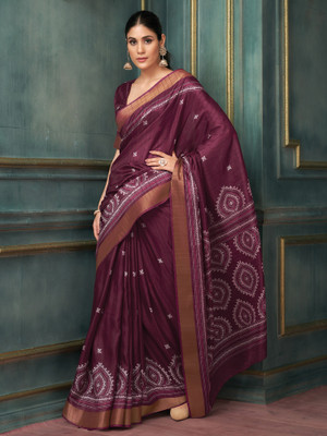 Sareemall Printed Hand Batik Silk Blend Saree(Purple)