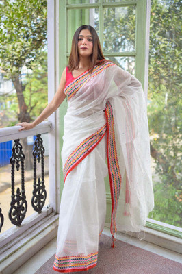 ADbutiq Self Design Bollywood Handloom Cotton Blend Saree(White)