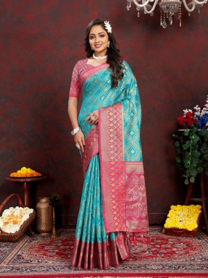 Niwaa Printed, Embellished, Woven Paithani Jacquard, Silk Blend Saree(Blue)