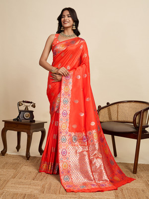 Tasrika Woven Banarasi Cotton Silk Saree(Red)