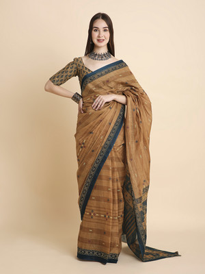 RATAN Printed Daily Wear Pure Cotton Saree(Brown)