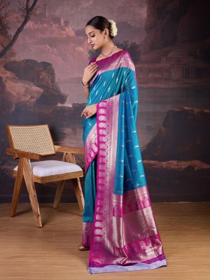 House of Pataudi Woven Banarasi Silk Blend Saree(Light Blue, Magenta)