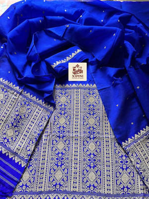 BHAGVATITEXTILE Woven Mekhela Chador Pure Cotton Saree(Blue)