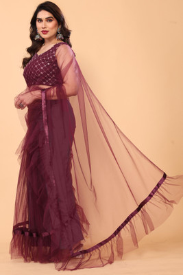 Rityanusaar Solid/Plain Bollywood Net Saree(Purple)