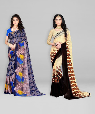 Leelavati Printed Daily Wear Georgette Saree(Pack of 2, Blue, Cream)