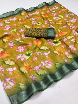 Millstar Digital Print, Self Design Bollywood Cotton Linen, Cotton Silk Saree(Mustard)