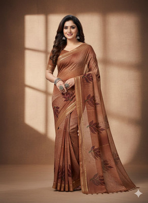 UNBRENDED Floral Print Banarasi Silk Blend Saree(Brown)