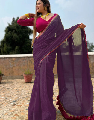 Samah Solid/Plain Bollywood Georgette Saree(Purple)