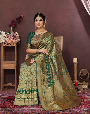 YASHIKA Printed Kanjivaram Cotton Silk, Jacquard Saree(Green)