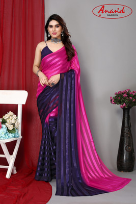 Anand Sarees Striped Bollywood Satin Saree(Pink, Blue)
