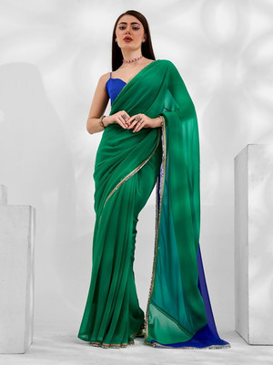 Sonika Fashions Solid/Plain Bollywood Georgette Saree(Green, Blue)