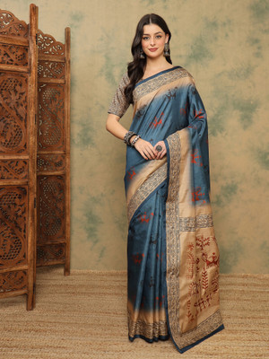 Sareemall Digital Print Banarasi Silk Blend Saree(Blue)