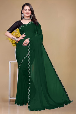 HIJA TRENDZ Solid/Plain Bollywood Georgette Saree(Green)