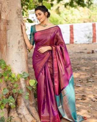 SEASON FAB Self Design, Applique, Blocked Printed, Checkered Banarasi Jacquard, Art Silk Saree(Purple)