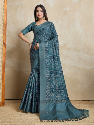 Divastri Digital Print, Printed Bollywood Tussar Silk Saree(Blue)