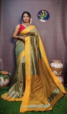 Anjali textile Solid/Plain Handloom Cotton Blend Saree(Grey, Yellow)