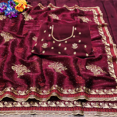 AENIMATION Embroidered Bollywood Art Silk Saree(Maroon)