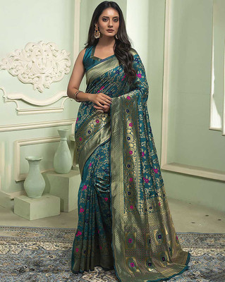 SNH EXPORT Printed Banarasi Pure Silk Saree(Green)