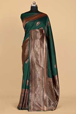 Handsel Woven, Checkered Kanjivaram Jacquard, Silk Blend Saree(Dark Green)