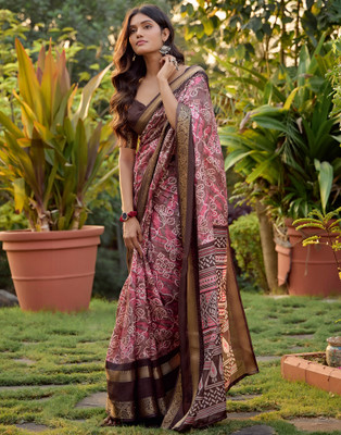 Samah Printed, Woven Bollywood Cotton Silk Saree(Brown, Pink)