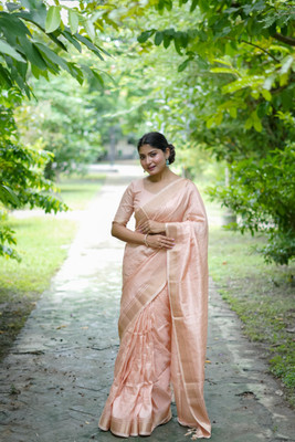 PeachPetals Self Design, Striped Banarasi Cotton Blend Saree(Pink)