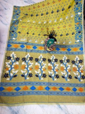 SAHA TEXTILE Floral Print, Geometric Print, Printed, Woven Jamdani Cotton Blend Saree(Light Green)