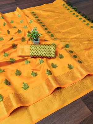 KHANJAN FASHION Printed Banarasi Pure Silk, Jacquard Saree(Yellow)