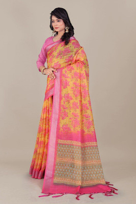 Laxmi Fashion Printed, Floral Print Assam Silk Jacquard, Cotton Silk Saree(Pink, Multicolor)