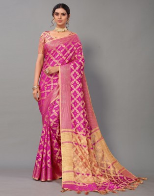 Satrani Woven, Embellished, Self Design Banarasi Cotton Silk, Jacquard Saree(Gold, Pink)