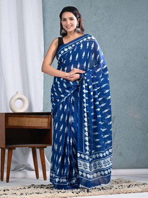 Shiv Shakti Emorium Printed Daily Wear Pure Cotton Saree(Blue)