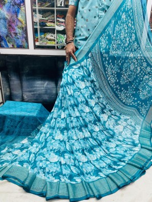 het designer studio Self Design, Paisley, Digital Print, Blocked Printed, Woven, Graphic Print, Checkered Daily Wear Jacquard, Art Silk Saree(Light Blue)