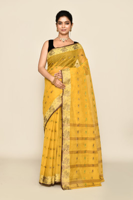 maa textile Self Design Tant Pure Cotton Saree(Yellow)