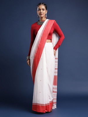 Taavi Self Design Handloom Pure Cotton Saree(White)