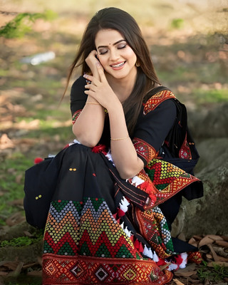 Plothah: Woven, Self Design Mekhela Chador Silk Blend Saree(Black)