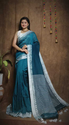 Anidipta collection Self Design Handloom Cotton Blend Saree(Blue)