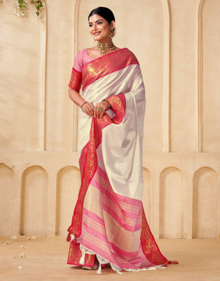 Samah Woven, Embellished Gadwal Silk Blend Saree(Red, White, Gold)